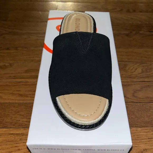 Blondo Elery Slide Sandals Black Suede with Braided Jute Trim Women’s Size 8