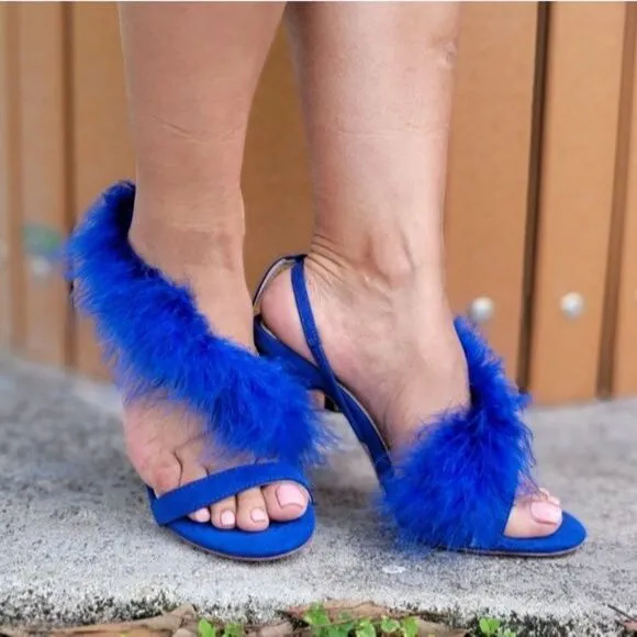 Blue Feathered Fringe Open Toe Single Sole Heels
