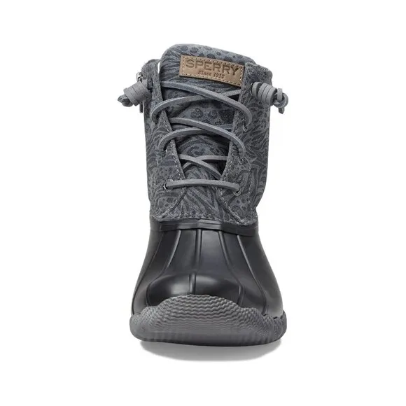 Boots 6.5 Sperry Black-Grey Saltwater Suede Animal Print Duck Rain Ankle Women's
