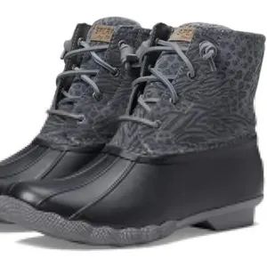 Boots 6.5 Sperry Black-Grey Saltwater Suede Animal Print Duck Rain Ankle Women's