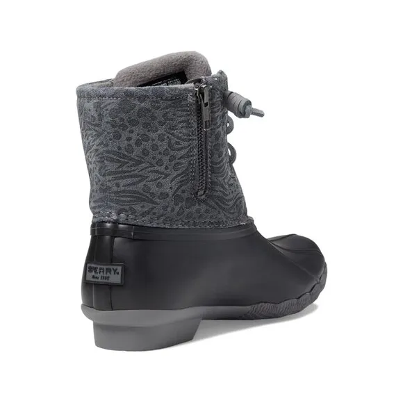 Boots 6.5 Sperry Black-Grey Saltwater Suede Animal Print Duck Rain Ankle Women's
