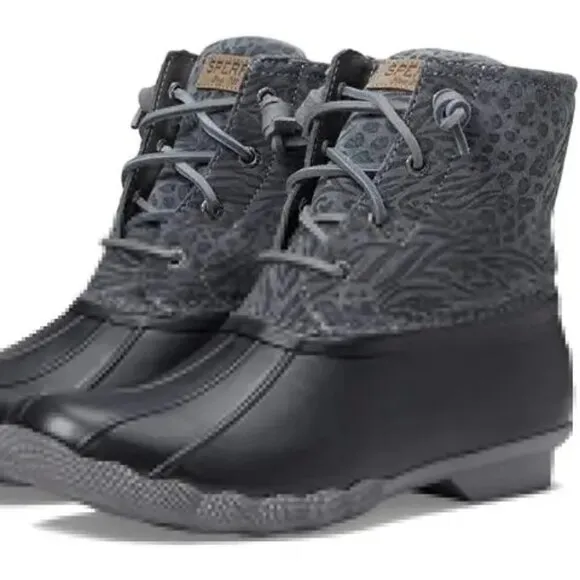 Boots 6.5 Sperry Black-Grey Saltwater Suede Animal Print Duck Rain Ankle Women's