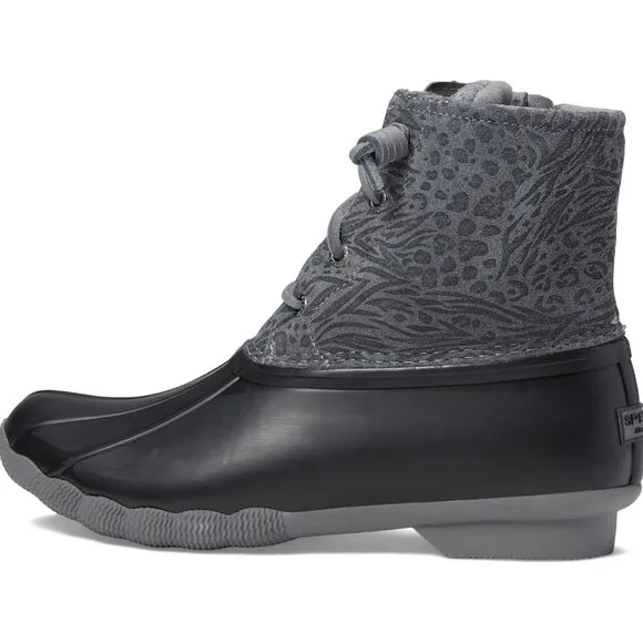 Boots 6.5 Sperry Black-Grey Saltwater Suede Animal Print Duck Rain Ankle Women's