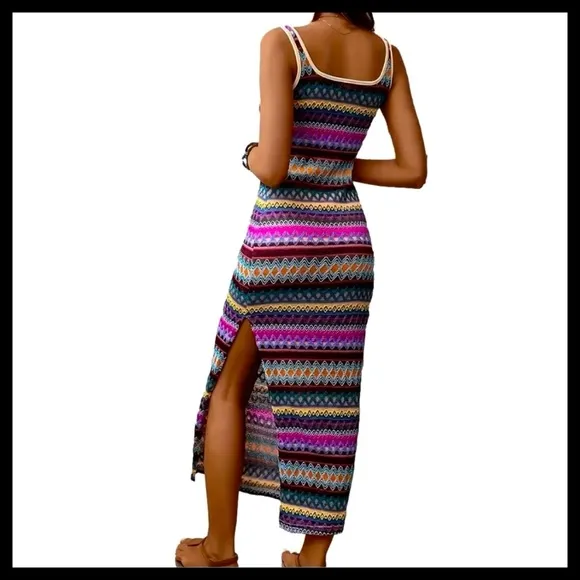 BOUTIQUE Multicolor Geometric Print Sleeveless Midi Dress with Side Slit