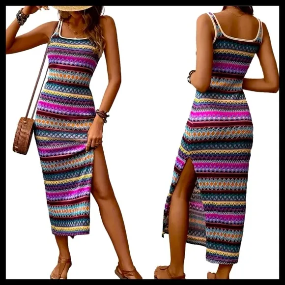 BOUTIQUE Multicolor Geometric Print Sleeveless Midi Dress with Side Slit