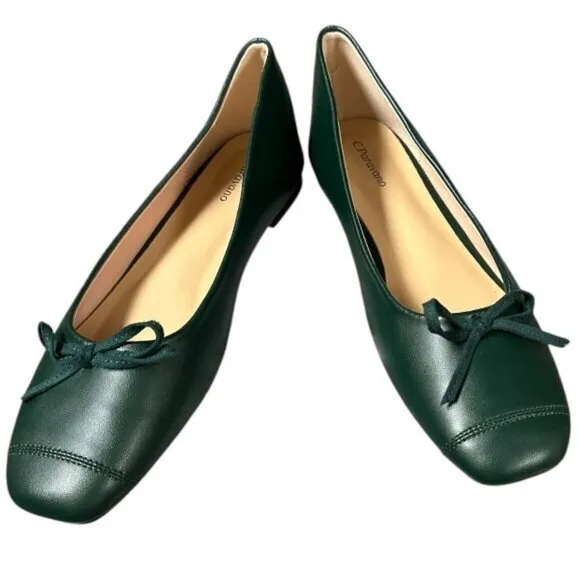 Brand New! C. Paravano Dark Green Leather Flats with Bow Detail, EU 40/ US 9.5