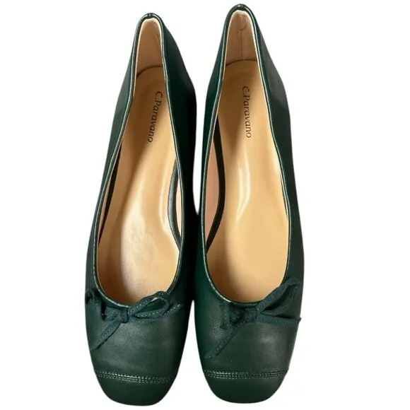 Brand New! C. Paravano Dark Green Leather Flats with Bow Detail, EU 40/ US 9.5
