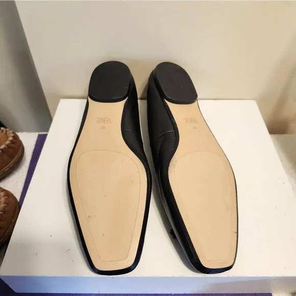 Brand New Zara Black Vegan Square Toe Leather Ballet Flats sz.7.5 US/38 EU