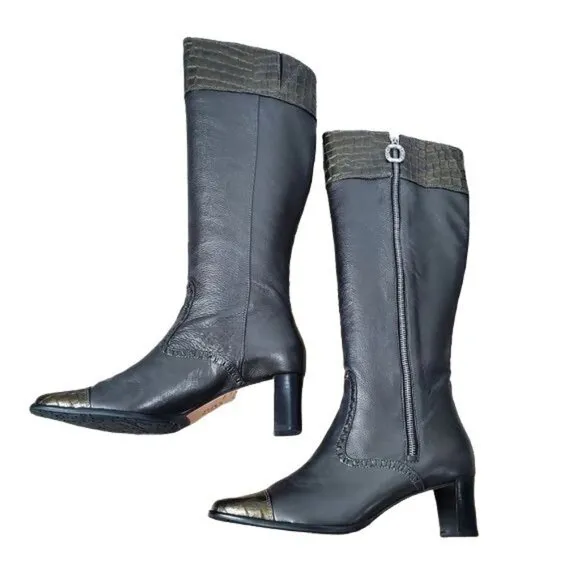 BRIGHTON TORCH PEWTER LEATHER CROC PATENT EMBOSSED TRIM ZIP BOOTS new 7.5