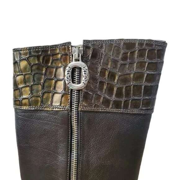 BRIGHTON TORCH PEWTER LEATHER CROC PATENT EMBOSSED TRIM ZIP BOOTS new 7.5
