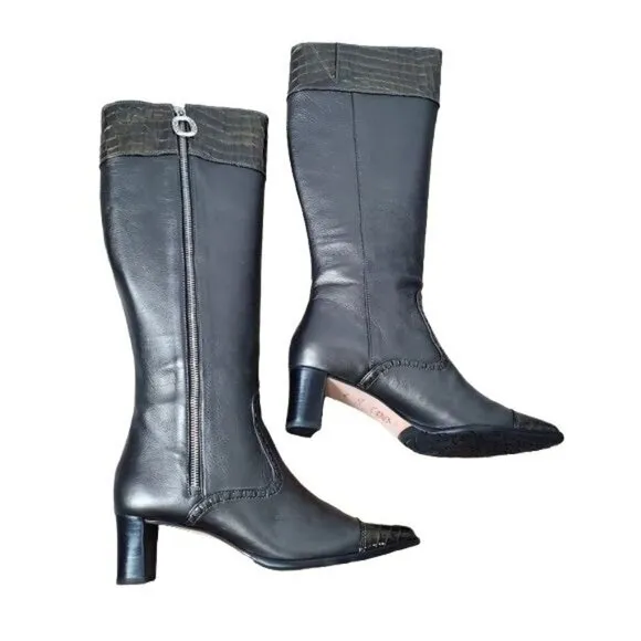 BRIGHTON TORCH PEWTER LEATHER CROC PATENT EMBOSSED TRIM ZIP BOOTS new 7.5