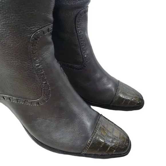 BRIGHTON TORCH PEWTER LEATHER CROC PATENT EMBOSSED TRIM ZIP BOOTS new 7.5