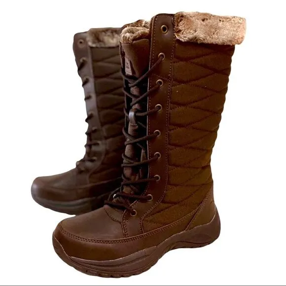 Brown Quilted Tall Lace Up Fur Trim Snow Winter Boots by Pacific Mountain NEW