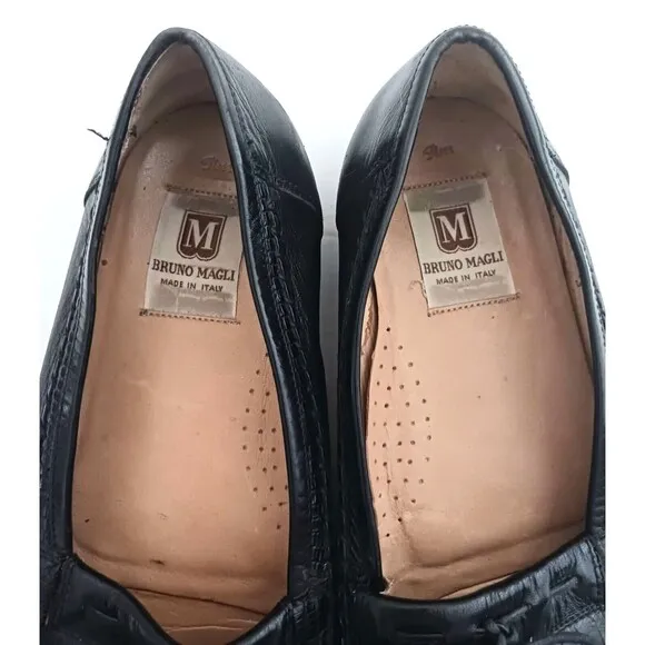 Bruno Magli Blk Leather Lizard Vamp Kiltie Loafer Made in Italy Sz 9.5