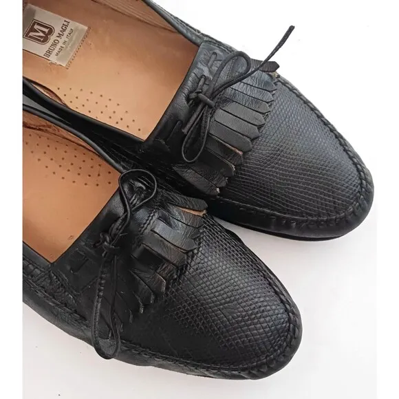 Bruno Magli Blk Leather Lizard Vamp Kiltie Loafer Made in Italy Sz 9.5