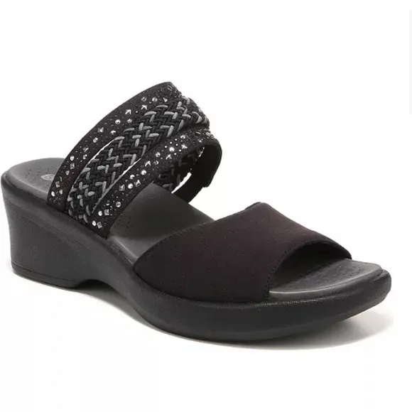 BZEES PREMIUM Fireworks Woven  Black Washable Slide Comfort Sandals NWOB
