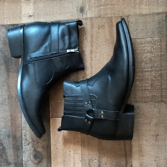 Calto Height Increasing 3.3&quot; Elevator Black Leather Harness Western Zip Up Boots