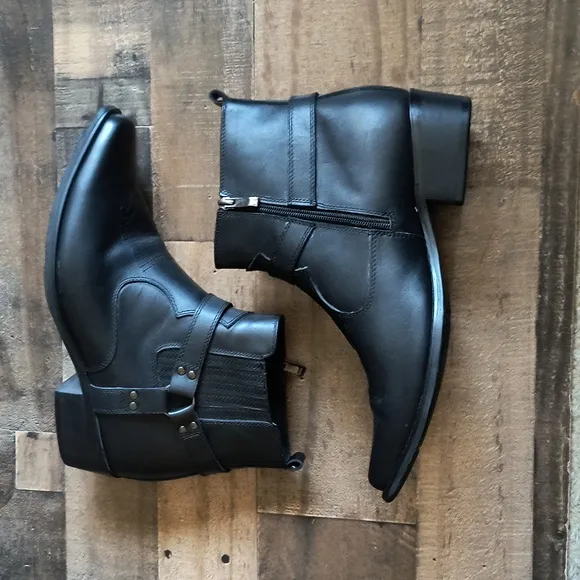 Calto Height Increasing 3.3&quot; Elevator Black Leather Harness Western Zip Up Boots