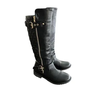 Cambridge Select Women's Riding Boots Black Block Heels Mid Calf Buckle Zip 7.5