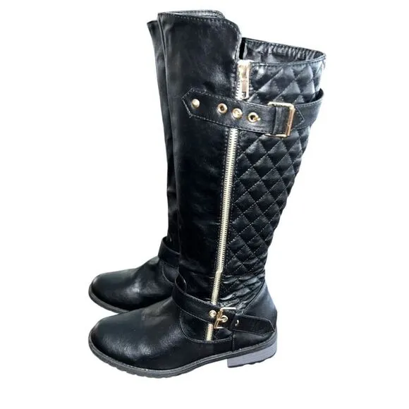Cambridge Select Women's Riding Boots Black Block Heels Mid Calf Buckle Zip 7.5