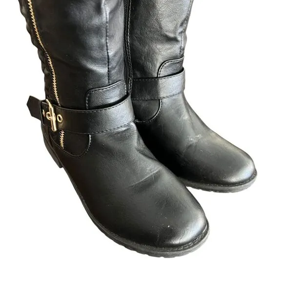 Cambridge Select Women's Riding Boots Black Block Heels Mid Calf Buckle Zip 7.5