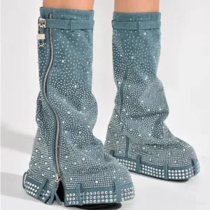Cape Robbin Kastel Denim Rhinestone Rainbow Platform Boots. Sz: 6
