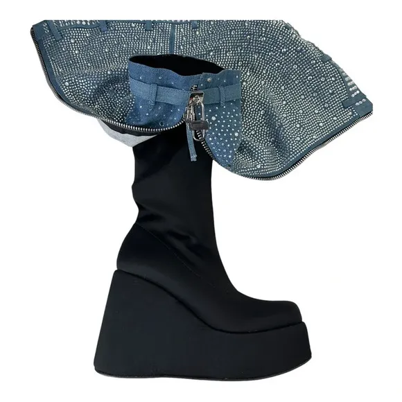 Cape Robbin Kastel Denim Rhinestone Rainbow Platform Boots. Sz: 6