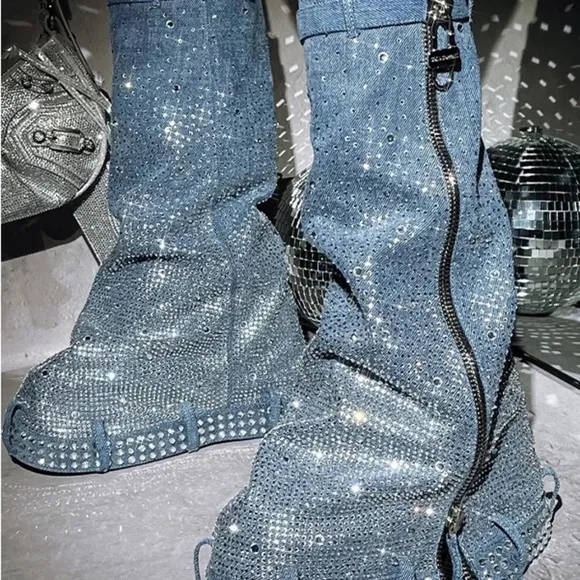 Cape Robbin Kastel Denim Rhinestone Rainbow Platform Boots. Sz: 6