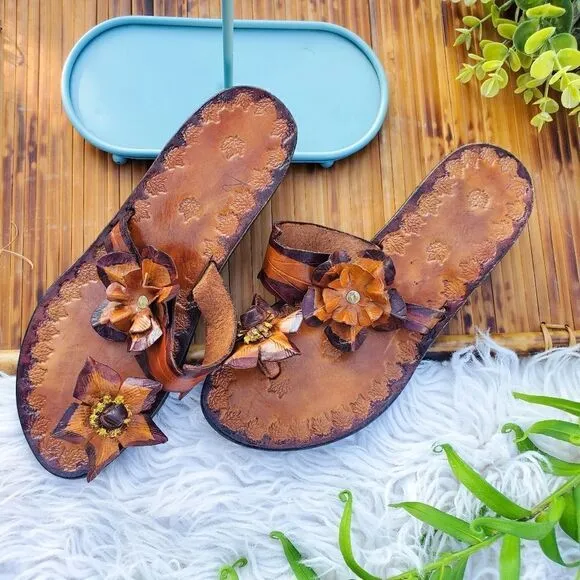 Caribbean Vibe Flower Detail Leather Platform Slipper Sz 8.5
