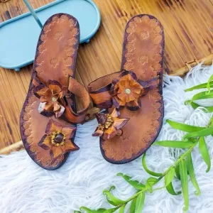 Caribbean Vibe Flower Detail Leather Platform Slipper Sz 8.5