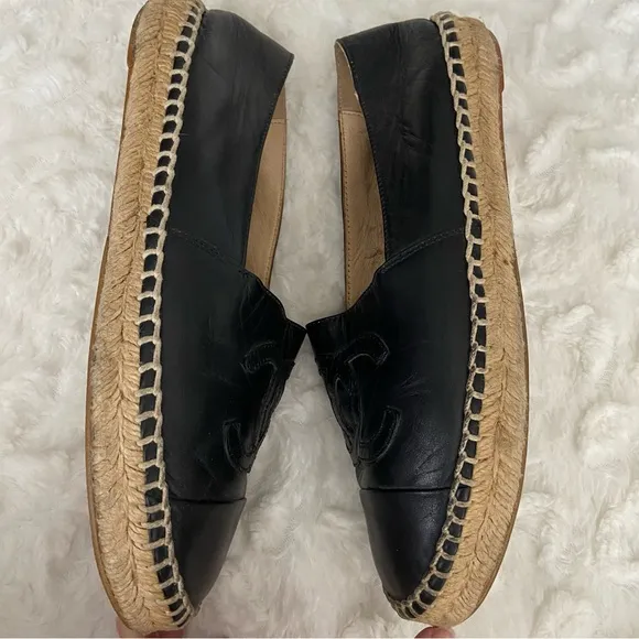 Chanel Black Lambskin Espadrilles Flats Slip on CC Logo