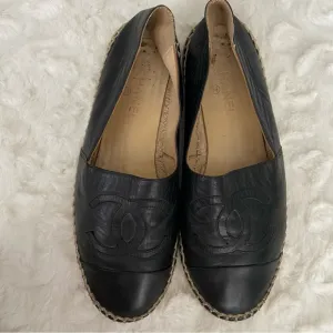 Chanel Black Lambskin Espadrilles Flats Slip on CC Logo