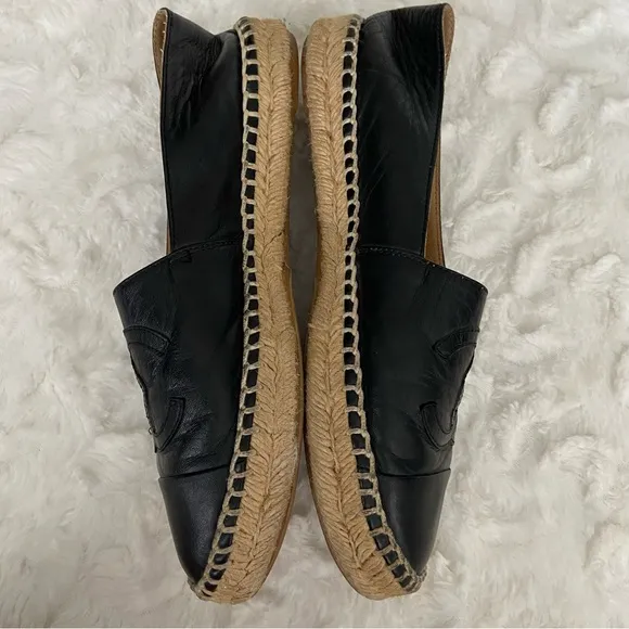 Chanel Black Lambskin Espadrilles Flats Slip on CC Logo
