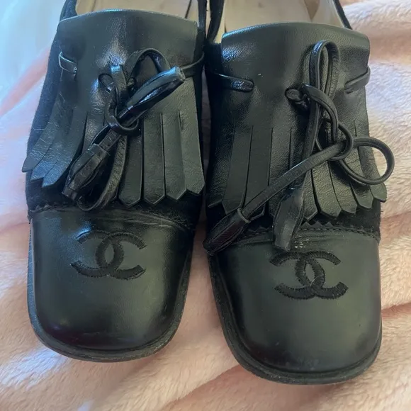 CHANEL Black Leather Fringe Loafers