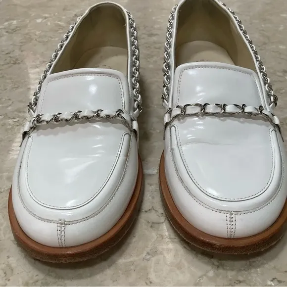 Chanel white with silver chain patent leather loafers size 36! Good used shape!