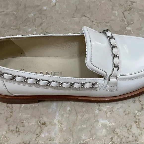 Chanel white with silver chain patent leather loafers size 36! Good used shape!