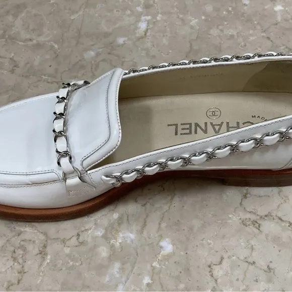 Chanel white with silver chain patent leather loafers size 36! Good used shape!