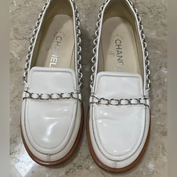 Chanel white with silver chain patent leather loafers size 36! Good used shape!
