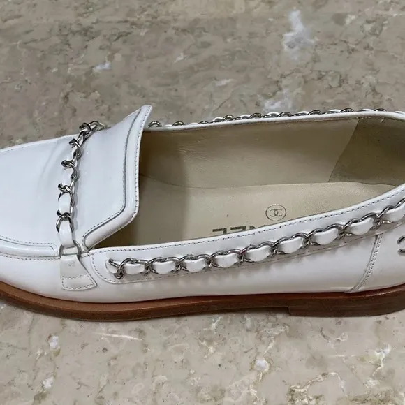 Chanel white with silver chain patent leather loafers size 36! Good used shape!