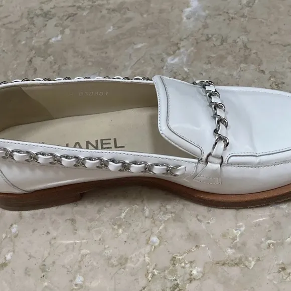 Chanel white with silver chain patent leather loafers size 36! Good used shape!