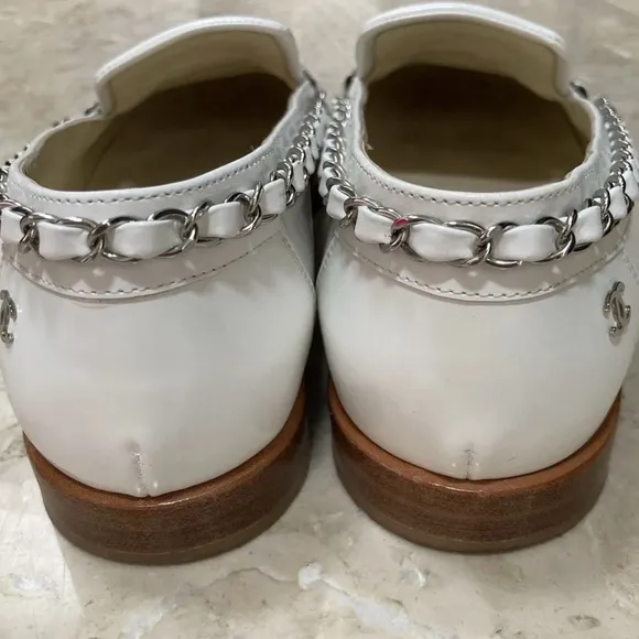 Chanel white with silver chain patent leather loafers size 36! Good used shape!