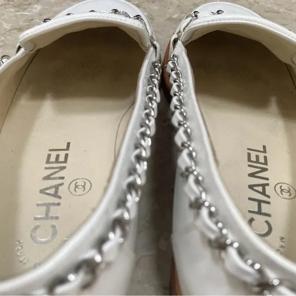 Chanel white with silver chain patent leather loafers size 36! Good used shape!