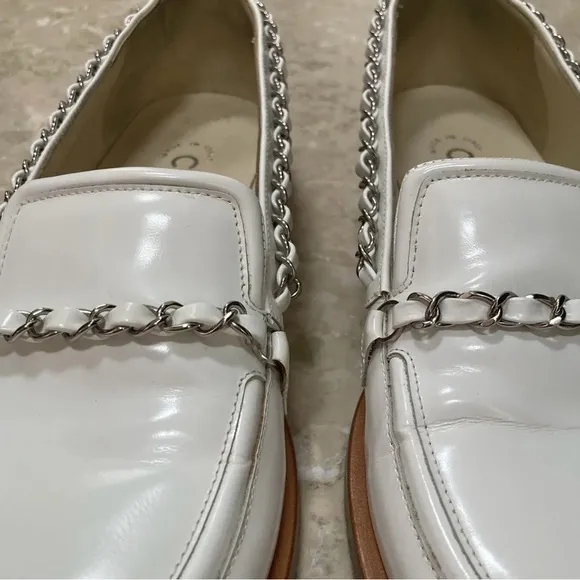 Chanel white with silver chain patent leather loafers size 36! Good used shape!