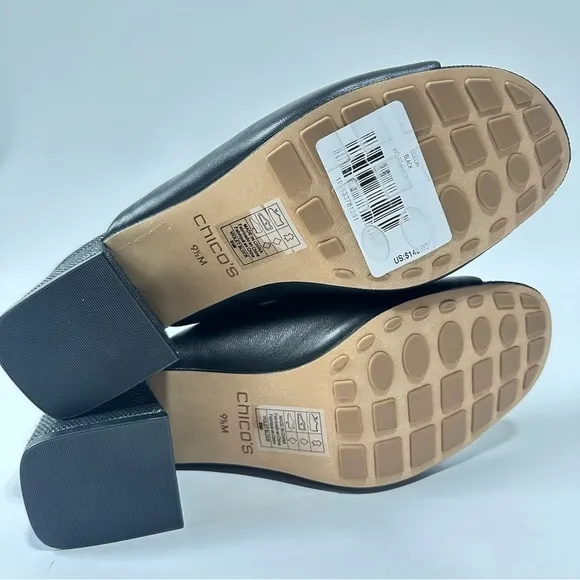 Chicos Violet Block heel in black leather modern slip on heels sandals NWOB