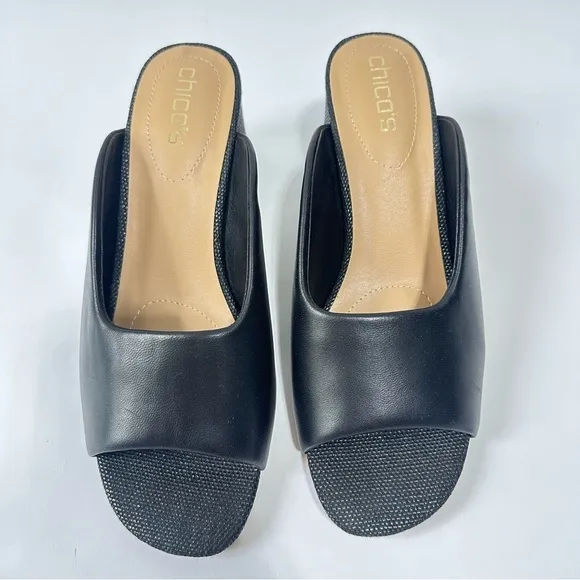 Chicos Violet Block heel in black leather modern slip on heels sandals NWOB