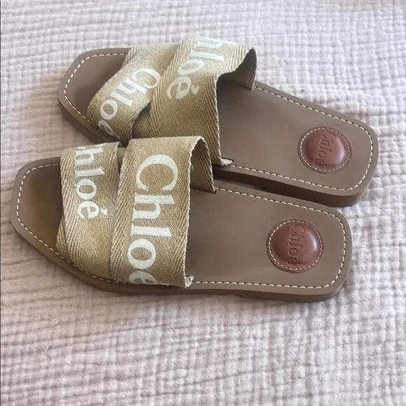 Chloe Tan and White Slide Sandals with Logo Strap