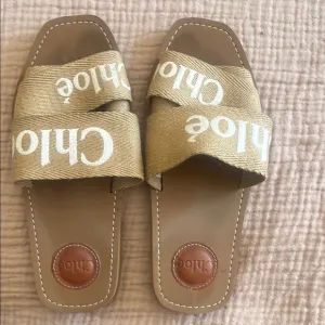 Chloe Tan and White Slide Sandals with Logo Strap