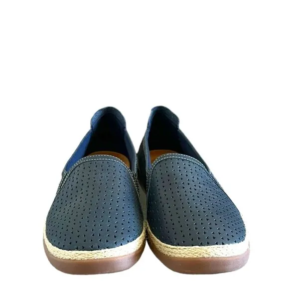 Clarks NEW Elaina Ruby Leather Perforated Slip-On Espadrilles In Navy  Size 12