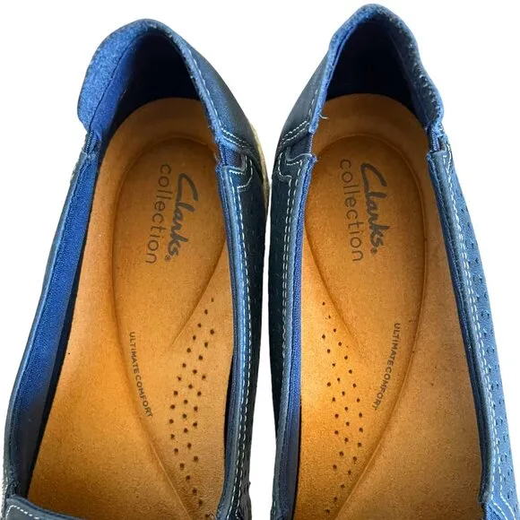 Clarks NEW Elaina Ruby Leather Perforated Slip-On Espadrilles In Navy  Size 12