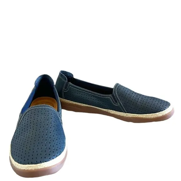 Clarks NEW Elaina Ruby Leather Perforated Slip-On Espadrilles In Navy  Size 12